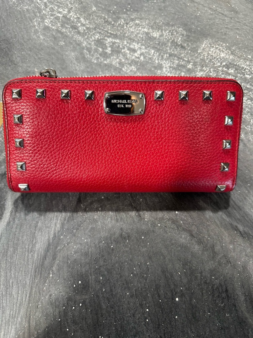 MICHAEL Michael Kors Red Pebbled Leather Stud Zip Around Wallet